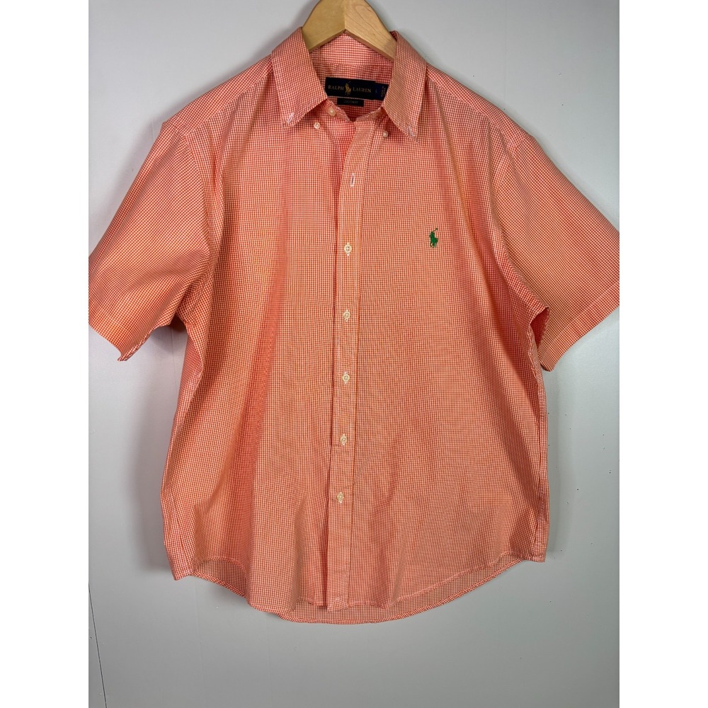 Polo Ralph Lauren Shirt Large Custom Fit Orange Plaid Short Sleeve Cotton Casual